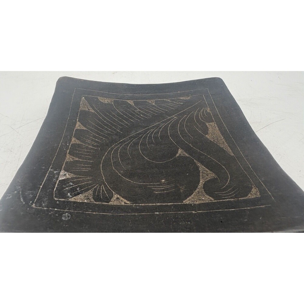 Vintage Studio Pottery Black Carved Trinket Dish 5” Art Pottery